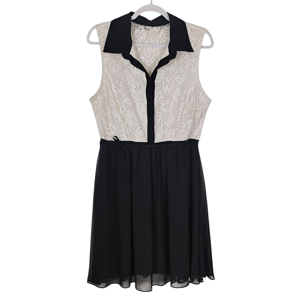 VTG Bisou Bisou Black Cream Lace Button Front Collar Dress 14 Dark Academia